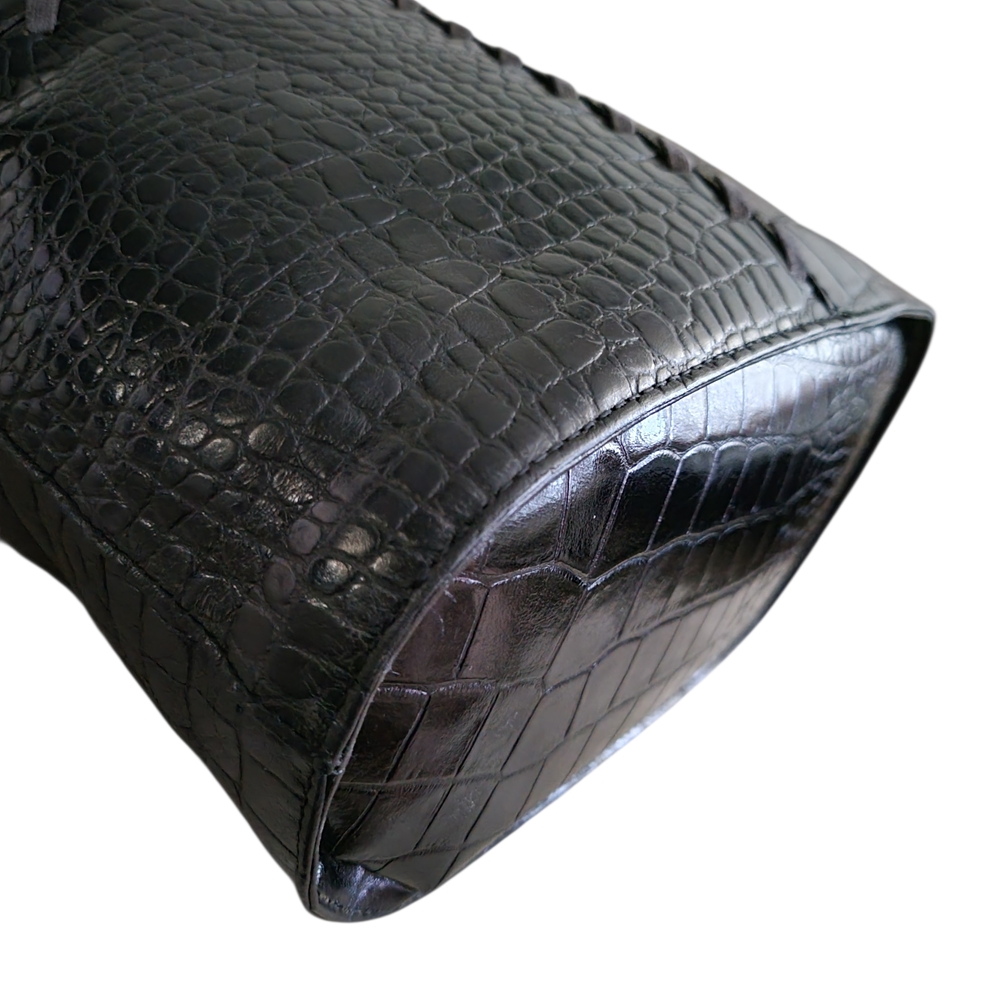 Yves Saint Laurent Black Leather Croc-Embossed Tote Bag - Picture 13 of 15